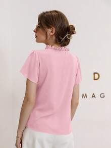 Mulvari Áo kiểu dáng thanh lịch, màu trơn, cổ đứng, tay raglan, ngắn tay, thắt nơ phía trước, vạt bèo nhún. - Màu Hồng baby - Xem 4