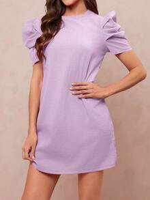 Amorya Đầm ngắn tay đơn sắc tối giản dành cho nữ - Màu tím  Violet - Xem 5