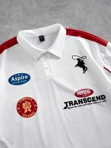 ROMWE MEN Unisex Lässig Kontrast Kragen Kurzarm Poloshirt, Slogan Muster Loose Fit, Professionelles Club Shirt - Verschiedenfarbig - Übersicht 3