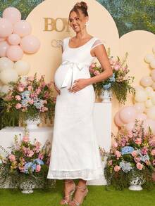 Loomaby White Summer Elegant Silky Baby Shower Maternity Dress,Lace Mermaid Gender Reveal Formal Party Gown,Wedding Guest Dress For Pregnant Women Outfit - White - View 1