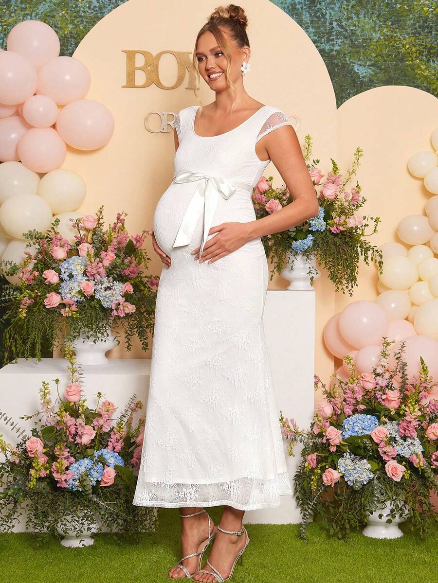 Loomaby White Summer Elegant Silky Baby Shower Maternity Dress,Lace Mermaid Gender Reveal Formal Party Gown,Wedding Guest Dress For Pregnant Women Outfit - White - View 1
