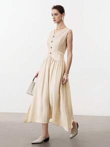 Aalyst Women's Elegant V-Neck Sleeveless Tie-Waist Ruched Dress, Linen Blend, Suitable For Commute, Casual, Vacation, Afternoon Tea, Spring/Summer - Apricot - View 6