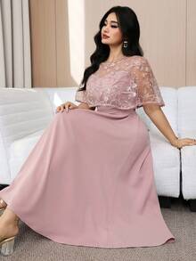 Modelyn Đầm dự tiệc cỡ lớn dành cho nữ, thêu hoa, cổ tròn, eo thắt. - Màu Hồng  San hô - Xem 6