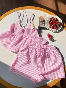 Comfortcana Pastel Pink Plaid Spaghetti Strap Sleeveless Summer Vacation Casual 2 Pieces Set - Baby Pink - View 1