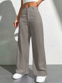 SHEIN PETITE CURVE 大码女士纯色简约日常休闲裤 - 深灰色 - 查看 8