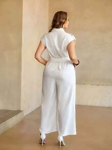 Roveilla 女士春夏蕾丝条纹法式优雅白领无袖连体裤，适合办公室通勤、度假、浪漫下午茶场合，腰部系带，修身剪裁 - 白色 - 查看 2