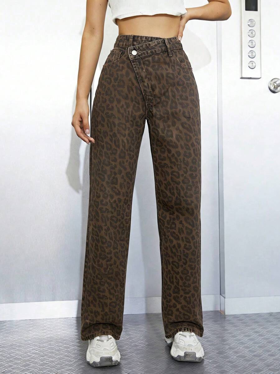 SHEIN ICON 豹纹交叉腰带斜插口袋休闲牛仔裤 - 卡其色 - 查看 1