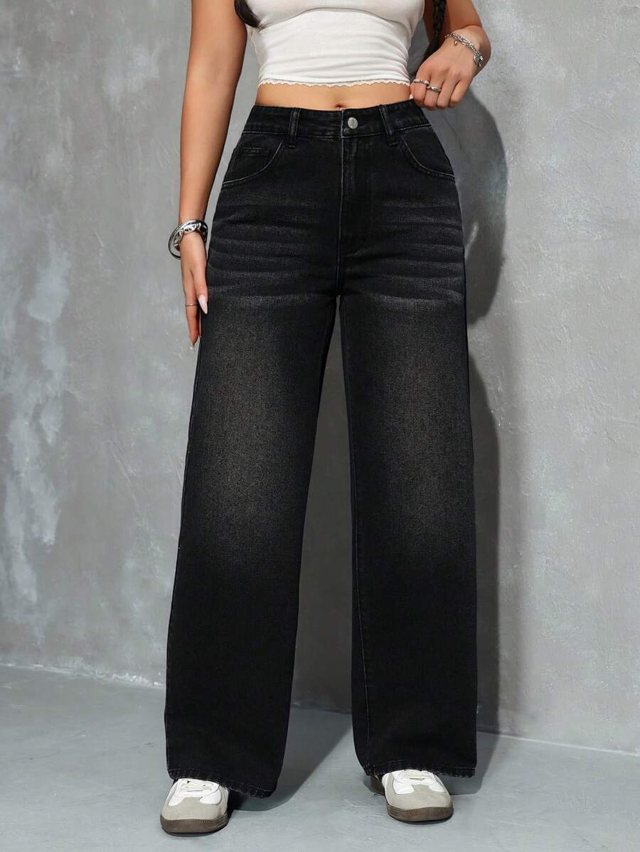 SHEIN PETITE Quần jeans ống rộng nữ có túi và cúc, kiểu dáng thường ngày, đa năng. - màu đen - Xem 1