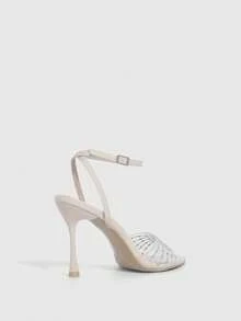 CUCCOO SZL Women Shoes Spring/Summer Pointed Stiletto Apricot Transparent Rhinestone Sexy Stylish Gorgeous Back Ankle Strap With Skirt Banquet Party Nightclub Ladies High Heel Open Toe Sandals - Beige - View 3