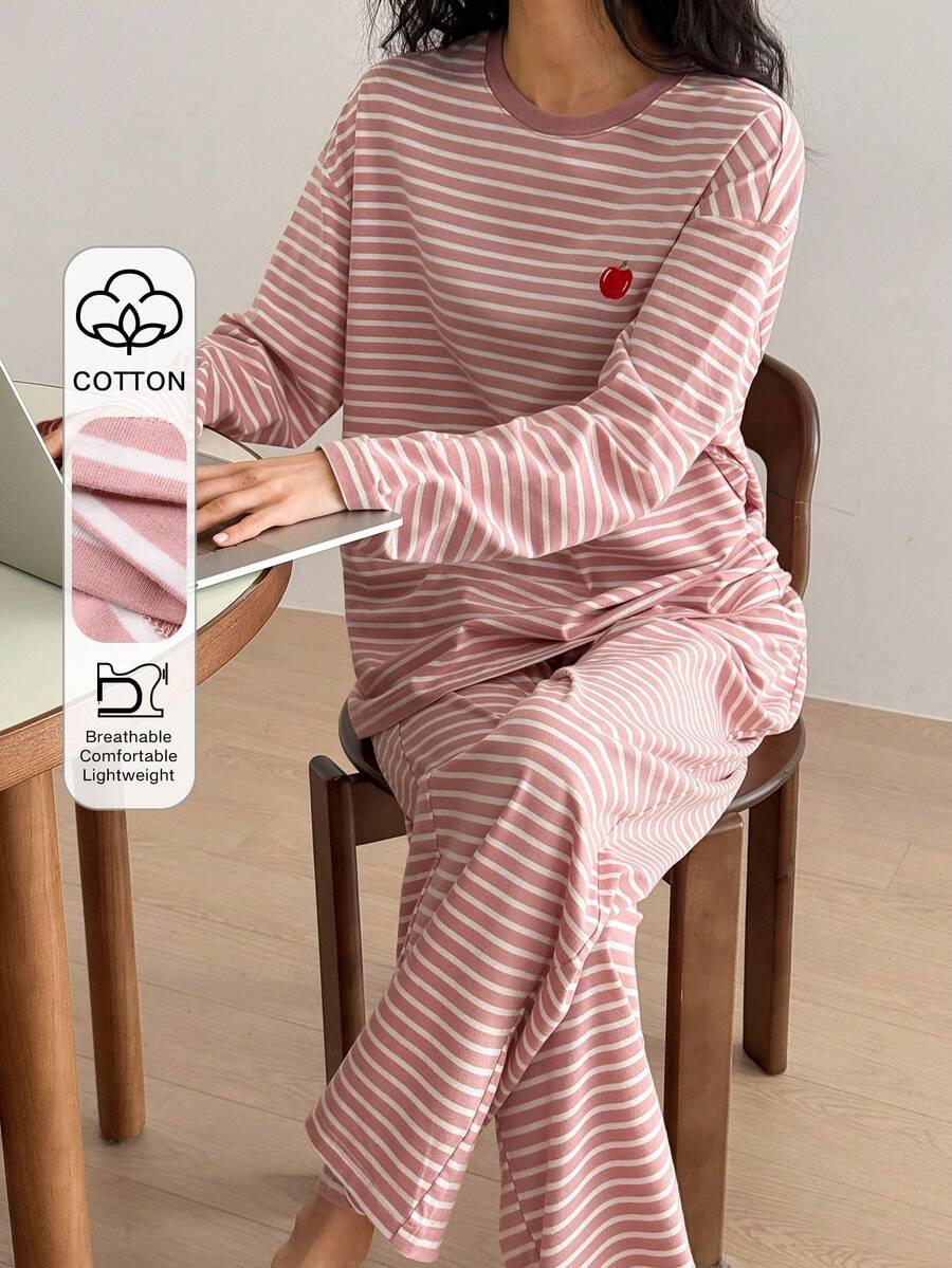 DAZY Conjunto de pijama holgado de 2 piezas con rayas y decoración de manzana linda para mujer - Rosa - Ver 1
