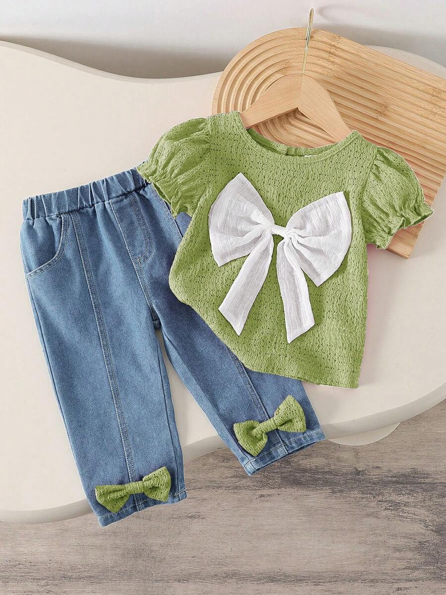 SHEIN Playful Pals 女嬰綠色夏季可愛韓系大蝴蝶結提花上衣 & 水洗牛仔褲套裝 時尚2件式幼童服裝套裝