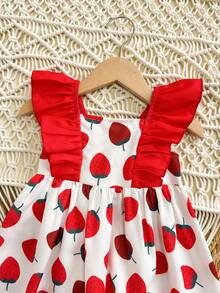SHEIN Đầm hè dễ thương cho bé gái với họa tiết dâu tây, phối màu, viền bèo nhún. - Đỏ - Xem 8