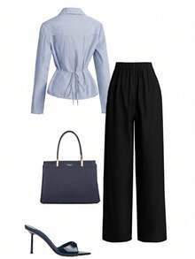 Franclia New Stylish Striped Oblique Button Shirt And Straight Leg Pants Set - Baby Blue - View 2