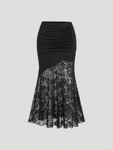 Sweetra Sexy High Waist Slimming Lace Patchwork Fishtail Bodycon Skirt, Spring/Summer Women - Black - View 3