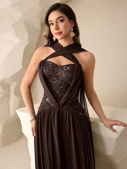 Coutiva Elegant Sequin Embellished Dress, High-End Formal Gown For Banquet