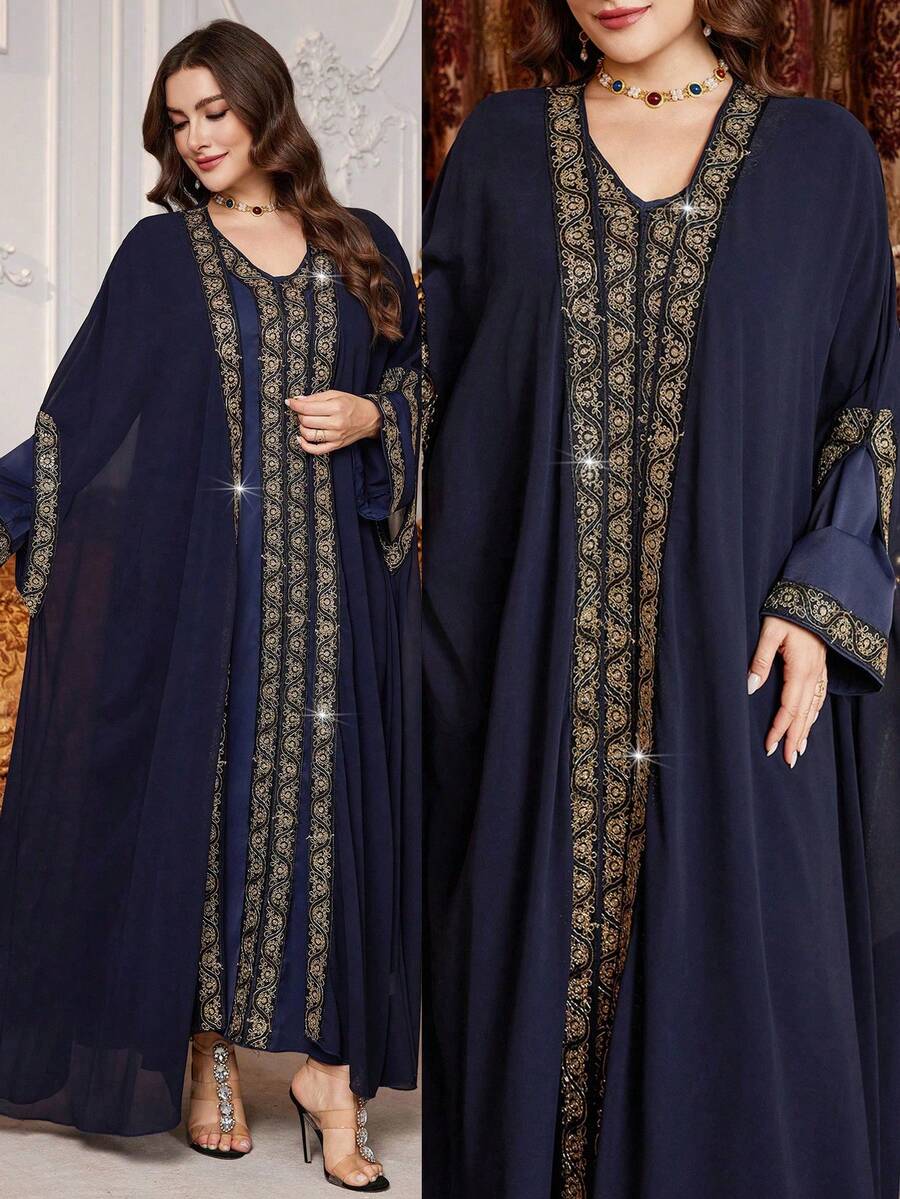 Al Najma Navy Blue Summer Modest Muslim Wedding Al-Adha Abaya Kaftan Jalabiya Dress,Patchwork Ribbon Trim Loose Chiffon Cardigan,Plus Size Women Long Robe - Navy Blue - View 1