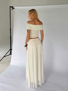 TRNVIE 两件套女士网纱杏白色露肩上衣和高腰长裙，秋冬季 - 杏色 - 查看 2