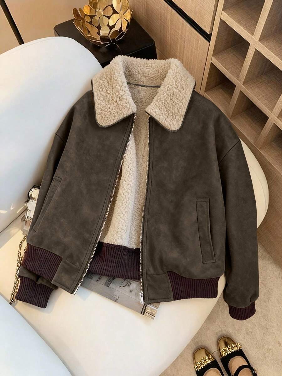 Franclia Áo khoác da giả màu nâu dáng rộng, cổ lông xù, đa năng, tối giản dành cho nữ cỡ lớn, thích hợp cho mùa thu/đông, dành cho mùa thu/đông. - Màu nâu  Mocha - Xem 1