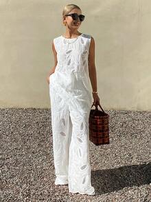 DAZY Bộ đồ hai mảnh gồm váy maxi và quần ống rộng bằng vải ren hoa tinh tế dành cho nữ, thích hợp cho kỳ nghỉ hè. - trắng - Xem 1