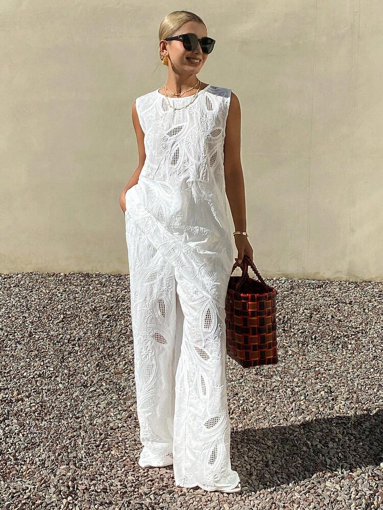 Women's Elegant Lace Floral Hollow-Out Texture Fabric Maxi Dress And Wide Leg Pants Two Pieces Suit, Suitable For Summer Vacation