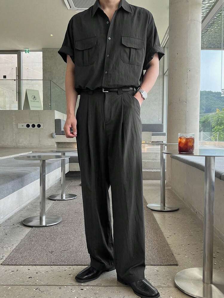 Men's Grey Short Sleeve Shirt And Pants Set, Spring/Summer