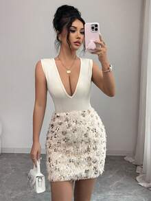 Rafferiza Fashionable Luxury V-Neck Bodycon Sequin Embellished Sleeveless Mini Dress For Women - Apricot - View 6