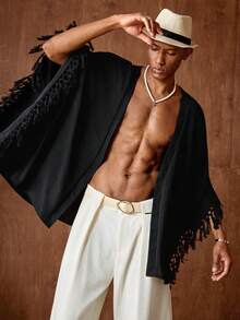 AKNOTIC 男士休闲流苏V领开襟七分袖衬衫 男士沙滩罩衫 男士度假装 男士度假服 沙滩装 男士波西米亚风服装 男士和服 - 黑色 - 查看 2