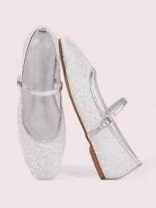 CUCCOO DOLLMOD Women's Shoes Silver Mesh Embroidery Decorative Flat Bottom Mary Jane Spring Shoes - silver white - View 2
