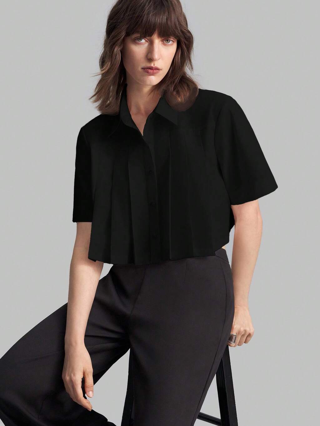 Women's Solid Color Pleated Collar Short Shirt, Urban Commute Office Business Casual Elegant Formal Blouse, Ladies Spring/Summer Top Black Tops For Work Black Shirt Women Black Tops Elegant Black Blouses For Women Elegant Cropped Shirts