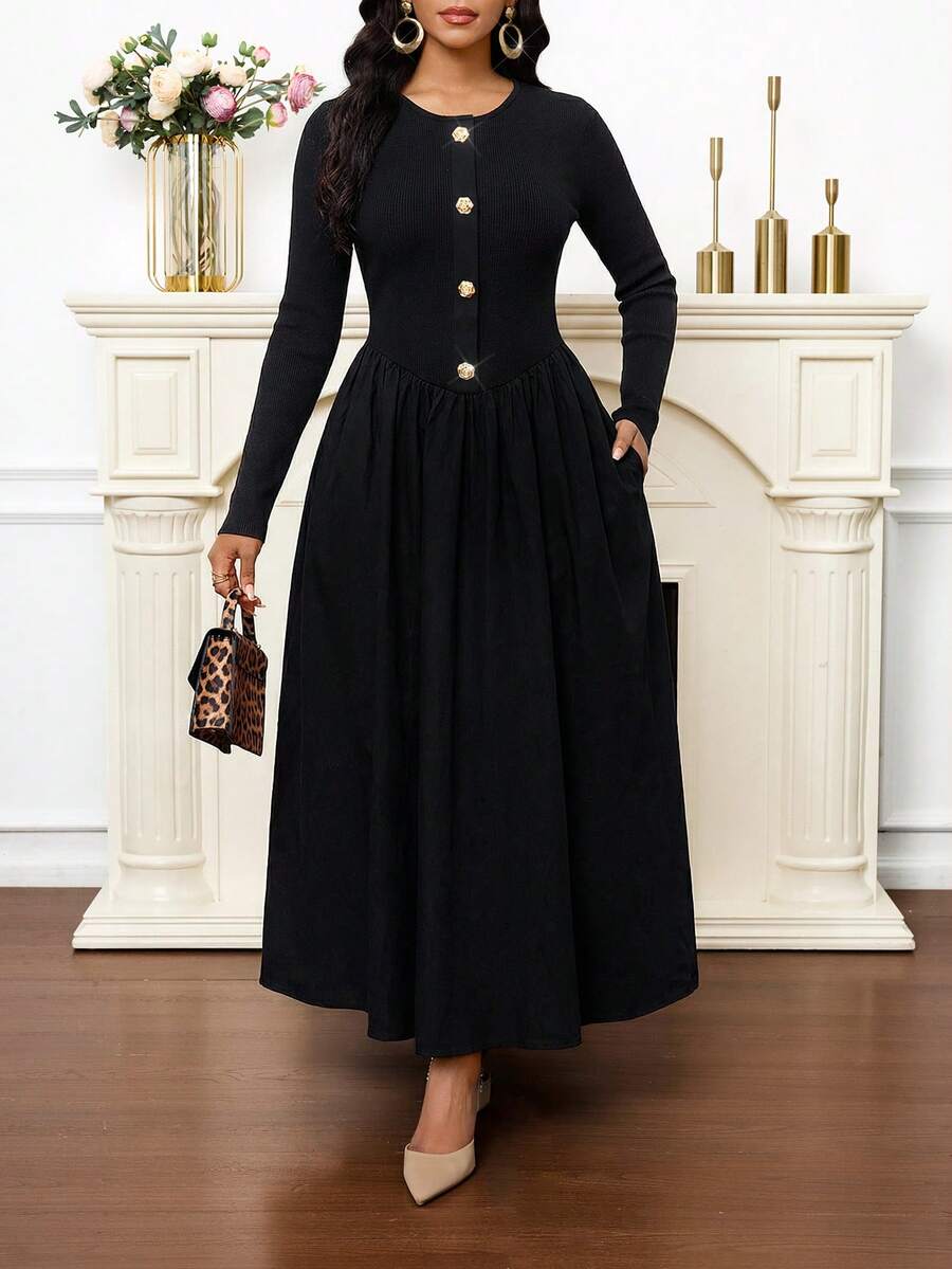 SHEIN Lady 女士圆领长袖金属花朵纽扣设计口袋优雅连衣裙 - 黑色 - 查看 1