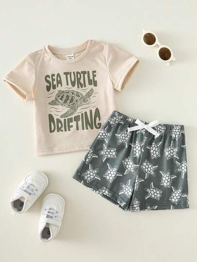 SHEIN 2pcs/Set Baby Boy Summer Cute Vacation Casual Knit Cartoon Turtle Print Short Sleeve T-Shirt And Elastic Waist Shorts Set