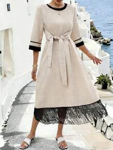 EMERY ROSE Women's Vacation Casual Fringe Waist Belt 3/4 Sleeve Dress - Apricot - View 3