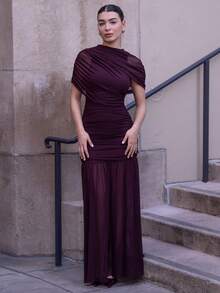 Andrea Bello Elegant Ruched Skirt Bodycon Dress, Suitable For Cocktail Party, Romantic Date, Autumn/Winter Layering, Party, Formal Gathering, Halloween, Christmas - Maroon - View 4