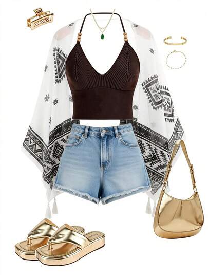 GlowEve Women's Fringe Decor Retro Pattern Chiffon Fabric Vacation Daily Casual Beach Cover-Up, Commute Casual Fashion French Style Versatile Holiday Business Black & White Short Sleeve Cover Up Thin Jacket, Early Spring/Spring & Summer