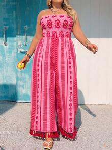 Vivid Eden Plus Size Boho Pink Folk Custom Pattern Strapless Long Jumpsuit With Shirred Details Woven Fabric Sleeveless Summer Outfit - Pink - View 12
