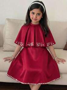 SHEIN Váy chữ A ngắn cổ đứng thanh lịch bằng satin cho bé gái, áo choàng đính hạt cườm. - Đỏ - Xem 10
