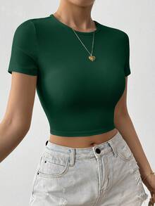 SHEIN Unity 女士撞色圆领短袖打结腰身修身T恤 - 墨綠色 - 查看 6