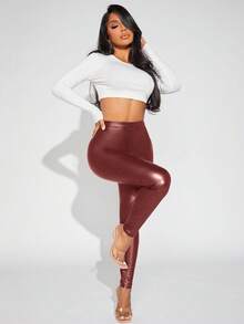 SHEIN Tall CURVE 大码女式纯色PU皮革弹力腰带打底裤高腰打底裤仿皮打底裤女式打底裤 - 酒紅色 - 查看 6