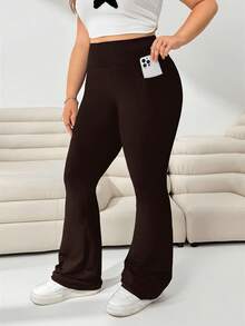 SHEIN Tall CURVE 大码女装秋冬返校休闲家居服瑜伽舒适户外纯黑色针织弹力腰高腰口袋喇叭裤，带口袋打底裤 - 棕色 - 查看 4