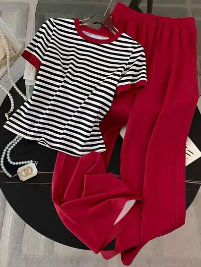 Resyla Plus Size Summer Casual Striped T-Shirt And Pants 2 Pieces Set