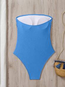 Swim Chiccia Baju Renang One-Piece Model Bandeau Warna Polos untuk Wanita, Pakaian Pantai Musim Panas - Biru - View 5