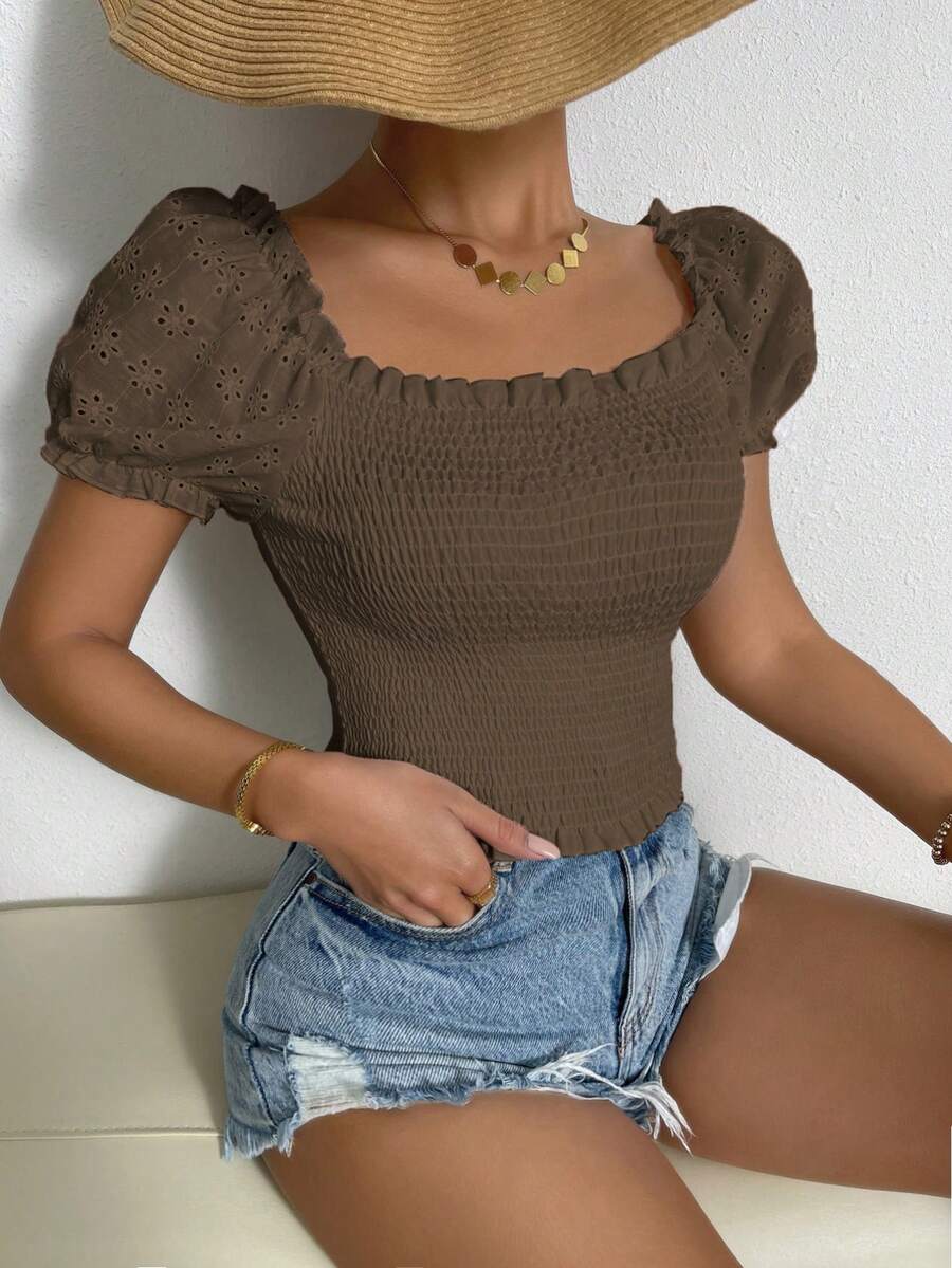 Breezaya 女士休闲纯色泡泡袖衬衫，夏季 - 咖啡棕 - 查看 1