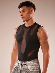 FeverCity Men's Solid Color Mesh Patchwork Sexy Bodysuit - Black - View 2