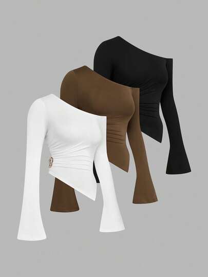 Sweetra 大码秋季简约纯色不对称下摆长袖T恤