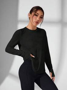 Eassivo Eassivo 女士简约纯色拇指孔休闲运动T恤，秋季款 - 黑色 - 查看 7