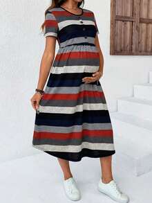 SHEIN Maternity Casual Striped Print Short Sleeve Dress - Multicolor - View 5