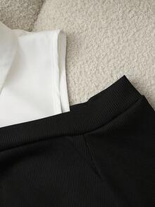 SHEIN Clasi 大尺碼女款夏季黑白配色秋季優雅商務休閒傳統辦公晚宴襯衫領露肩短袖上衣 - 黑與白 - 查看 4