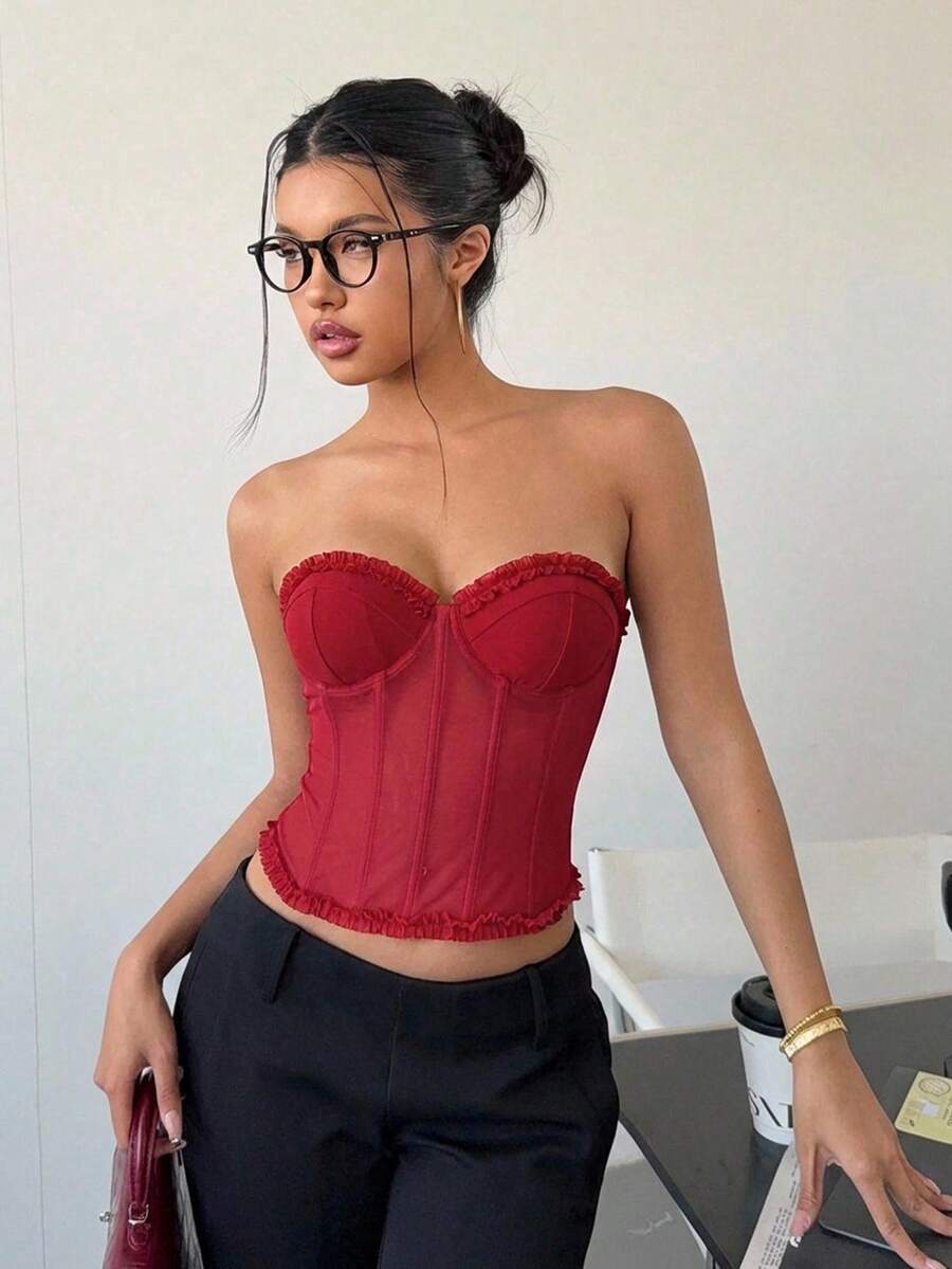 Aloruh Áo croptop quây màu trơn có bèo nhún dành cho nữ, thời trang và gợi cảm cho ngày Valentine, đi biển, du lịch, phong cách Y2K màu đỏ, áo dành cho nữ sinh đi học, dự tiệc.