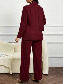 SHEIN Lady Women's Elegant Burgundy Office Summer Scarf Suit,Solid Color Double-Breasted Blazer Set And Classy Pant Suits 2 Pieces Sets For Women - Burgundy - View 2