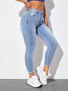 Jeanoix Plus Size Solid Color Frayed Hem Slant Pocket Metal Decor Casual Jeans - Light Wash - View 1
